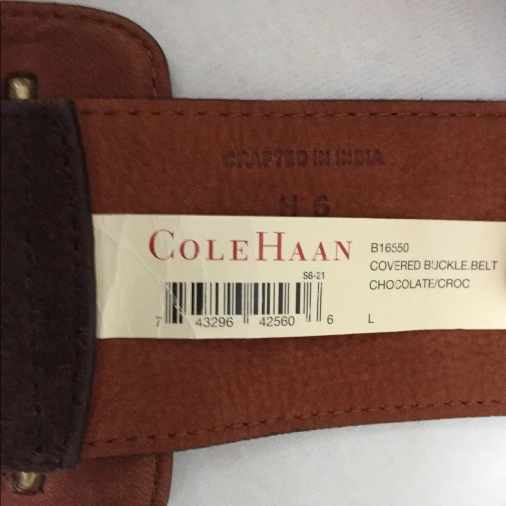 Cole Haan Brown Suede Belt with Crocodile-Embossed Buckle - Picture 4 of 8